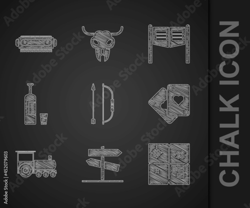 Set Bow and arrow in quiver, Road traffic signpost, Treasure map, Playing cards, Retro train, Whiskey bottle glass, Saloon door and Harmonica icon. Vector