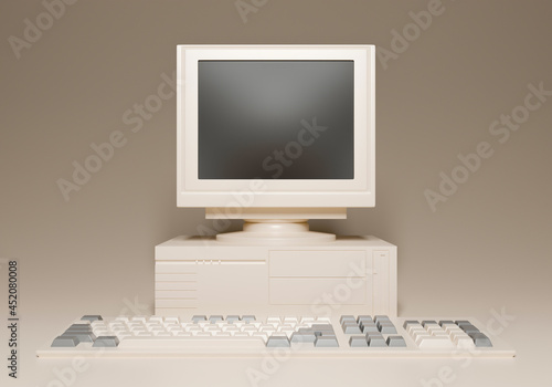 Vintage computer mock-up with keyboard. Front view. 3d rendering