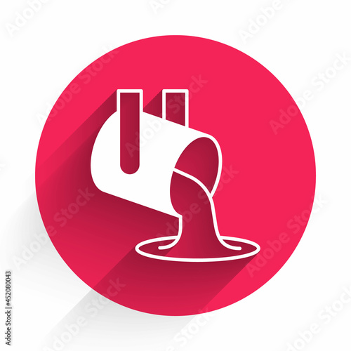 White Molten gold being poured icon isolated with long shadow background. Molten metal poured from ladle. Red circle button. Vector