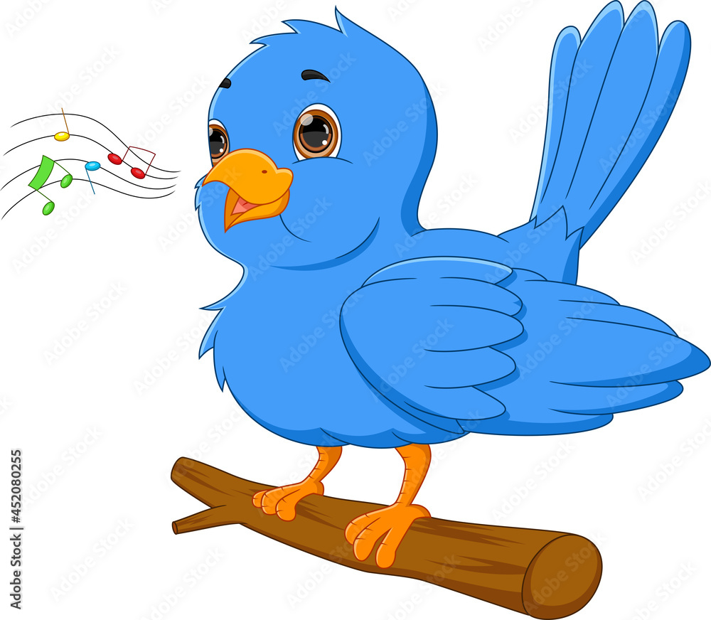 cartoon blue bird singing on white background cartoon blue bird singing on white background