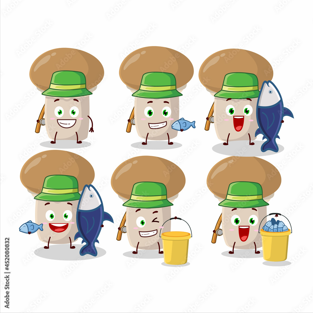 Naklejka premium A fisherman champignon cartoon picture catch a big fish