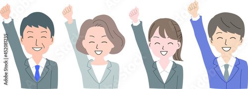 片手をあげるビジネスマンとビジネスウーマン