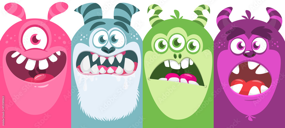 Fototapeta premium Funny cartoon monster faces emotions set. Illustration of mythical alien creatures different expression. Halloween party design. Great package design.