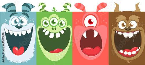 Funny cartoon monster faces emotions set. Illustration of mythical alien creatures different expression. Halloween party design. Great package design.