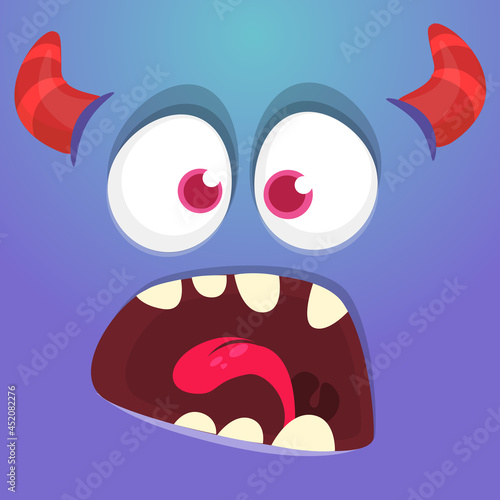 Funny cartoon monster character face expression. Illustration of cute and happy mythical alien creature. Halloween design