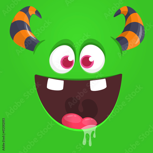 Funny cartoon monster character face expression. Illustration of cute and happy mythical alien creature. Halloween design