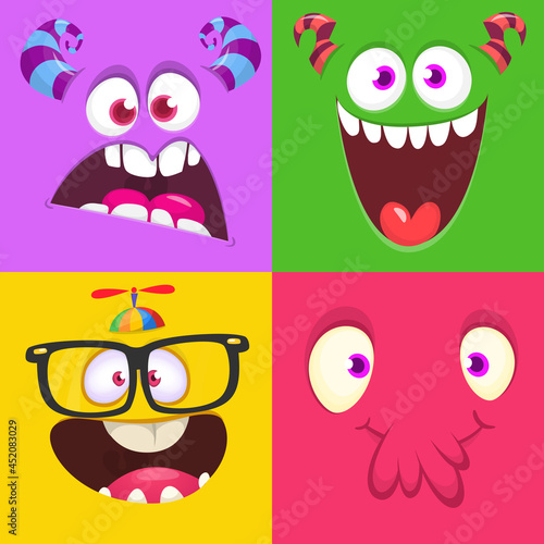 Funny cartoon monster faces emotions set. Illustration of mythical alien creatures different expression. Halloween party design. Great package design.
