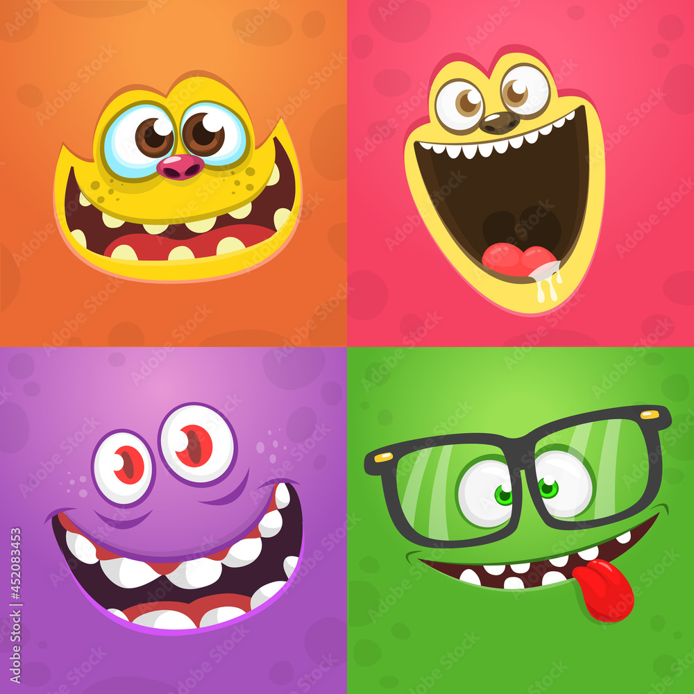 Funny cartoon monster faces set with different expressions. Vector illustration Funny cartoon monster faces set with different expressions. Vector illustration