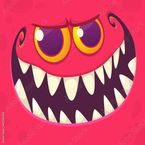 Angry cartoon monster face. Illustration of grumpy and mad creature expression. Halloween design