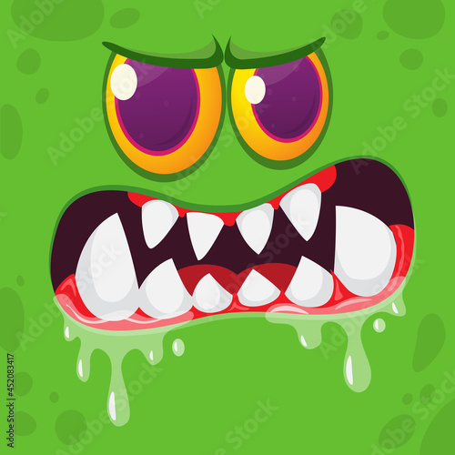 Angry cartoon monster face. Illustration of grumpy and mad creature expression. Halloween design