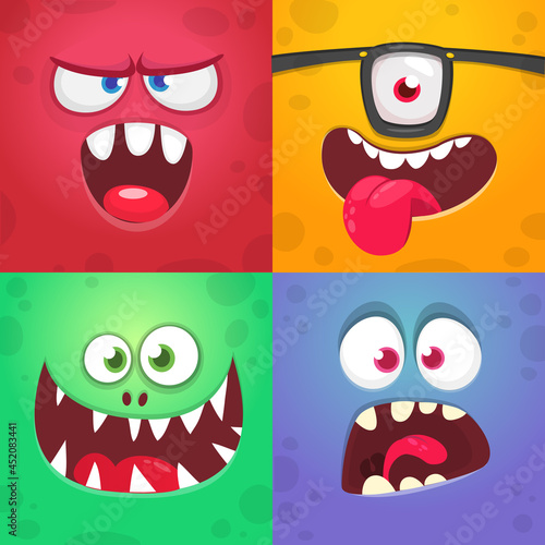 Funny cartoon monster faces. Illustration of  alien creature different expression. Halloween design. Great for party decoration or package design
