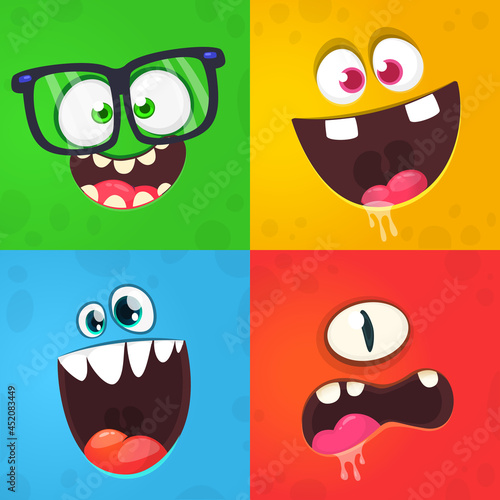 Funny cartoon monster faces. Illustration of  alien creature different expression. Halloween design. Great for party decoration or package design