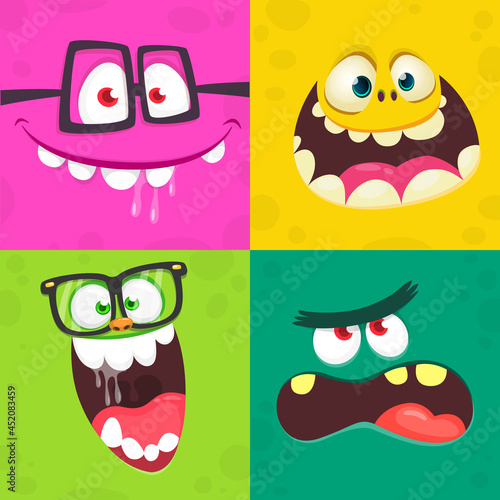 Funny cartoon monster faces. Illustration of  alien creature different expression. Halloween design. Great for party decoration or package design