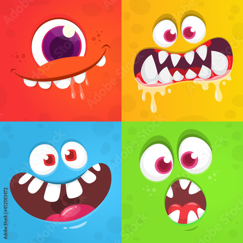 Funny cartoon monster faces. Illustration of  alien creature different expression. Halloween design. Great for party decoration or package design