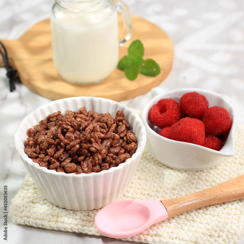 Bowl with Chocolate Rice Crispy Cereal for Breakfast Bowl with Chocolate Rice Crispy Cereal for Breakfast