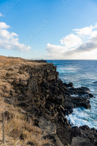 Black rock cliffs overlooking the ocean