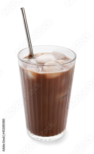 Glass of tasty chocolate milk on white background