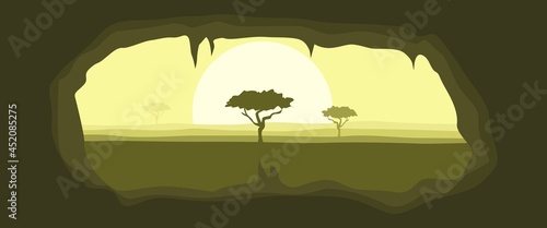 Trees on the ground layers looked from inside the cave landscape illustration used for wallpaper, minimalist illustration, desktop background or wallpaper, nature banner or illustration.