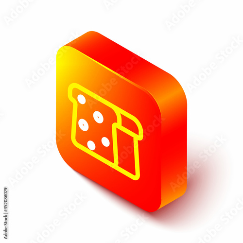 Isometric line Bread toast for sandwich piece of roasted crouton icon isolated on white background. Lunch, dinner, breakfast snack. Orange square button. Vector