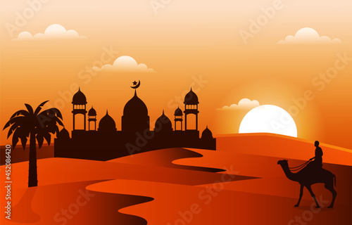 Sunset Arabic Desert Camel Caravan Muslim Islamic Culture Illustration