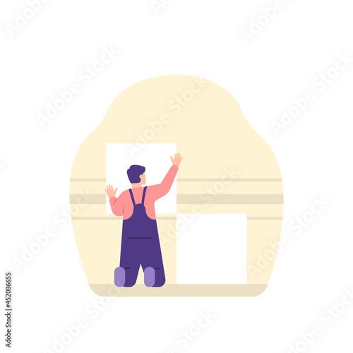 Repair workers put wallpaper on the wall. professional male worker doing ceramic tile installation on the wall. work and profession. decorating the room. flat cartoon style. vector design