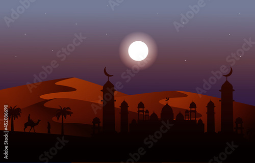 Night Arabic Desert Camel Caravan Muslim Islamic Culture Illustration