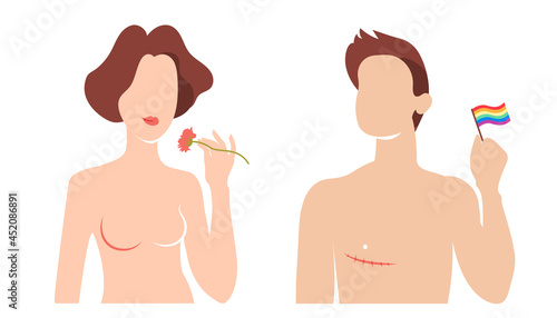 A guy with a scar after a mastectomy holds a rainbow flag in his hands, a beautiful girl with a flower. Problems of transgender women and men. The concept of a person trying to determine his gender.