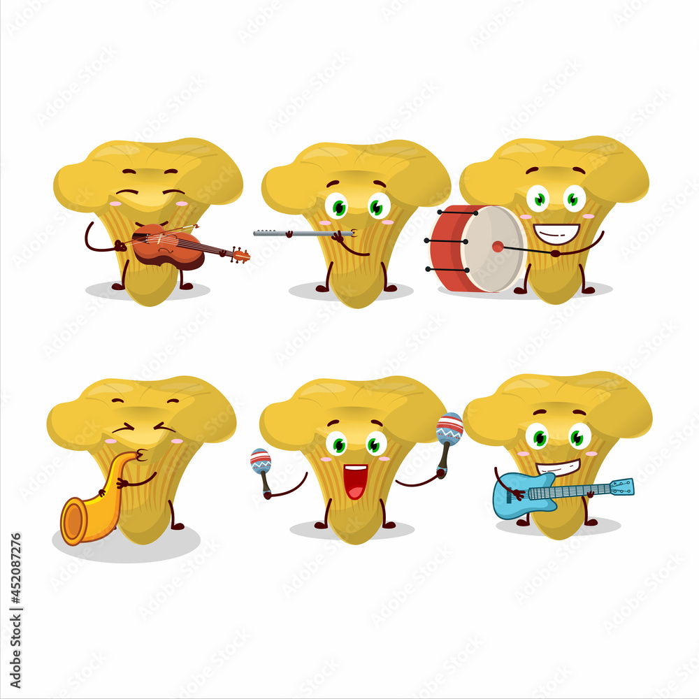 Cartoon character of chanterelle playing some musical instruments