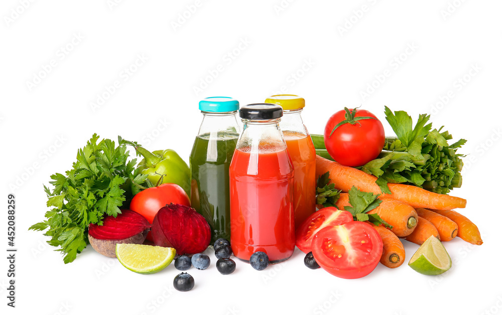 Bottles with healthy juice, fruits and vegetables on white background Bottles with healthy juice, fruits and vegetables on white background