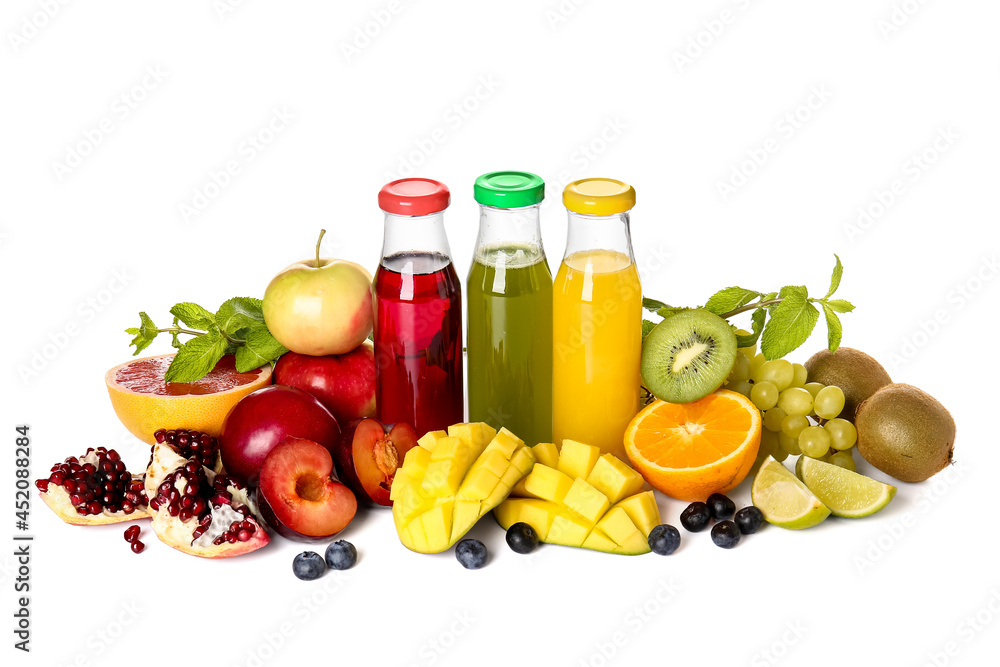 Bottles with healthy juice, fruits and vegetables on white background Bottles with healthy juice, fruits and vegetables on white background