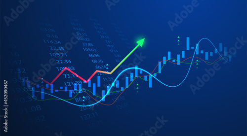 Business candle stick graph chart of stock market investment trading on blue background. Bullish point, up trend of graph. Economy vector design