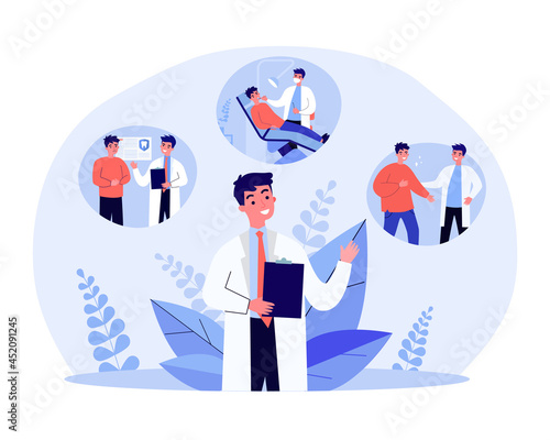 Cartoon dentist giving patient dental treatment. Dental checkup at clinic or hospital, oral hygiene flat vector illustration. Dentistry, medicine concept for banner, website design or landing web page