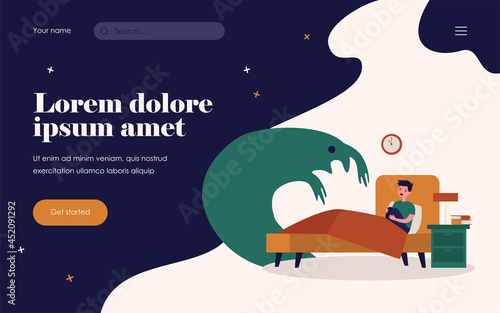 Terrified kid scared of monster shadow. Boy sitting in his bed at night flat vector illustration. Childhood, nightmare, problem concept for banner, website design or landing web page