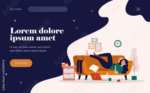 Depressed woman lying on couch in messy room isolated flat vector illustration. Cartoon lazy character resting on sofa at home and surfing internet on smartphone. Apathy and indifference concept