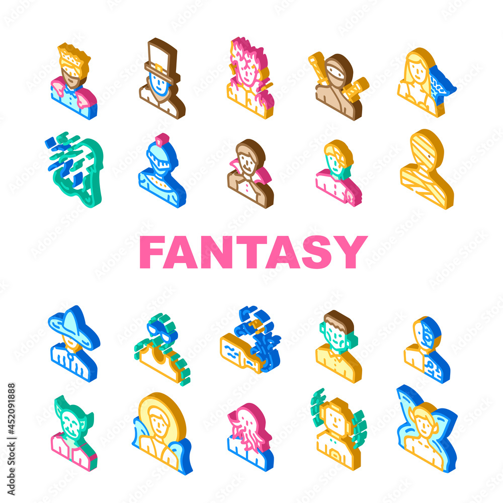 Fantasy And Magical Character Icons Set Vector. Zombie And Ghost, Angel And King, Burning And And Frankeinstein, Mummy And Vampire, Fairy And Steampunk Character Isometric Sign Color Illustrations