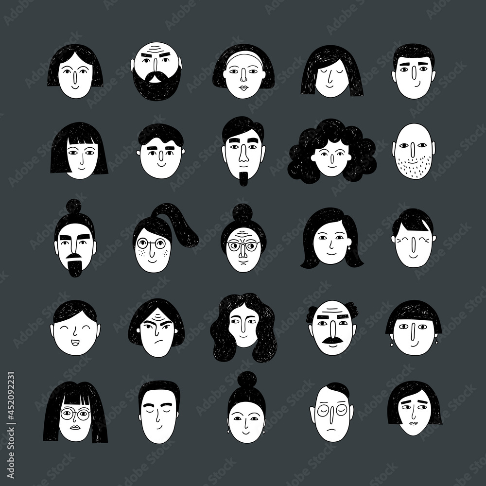 Collection of portraits on a dark gray background. Man and woman avatars. Doodle user pic set. Vector illustration. Collection of portraits on a dark gray background. Man and woman avatars. Doodle user pic set. Vector illustration.