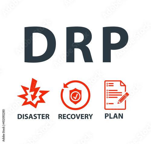 DRP Disaster Recovery Plan with keywords and icons on white background photo