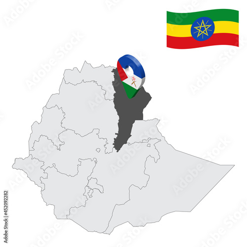 Location Afar Region on map Ethiopia. 3d location sign similar to the flag of  Afar. Quality map  with  provinces Ethiopia for your design. EPS10