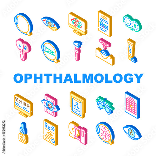 Ophthalmology Eye Disease Treat Icons Set Vector. Amsler Table And Retinoscope, Lasser Correction And Trial Frame Medicine Ophthalmology Hospital Equipment Isometric Sign Color Illustrations