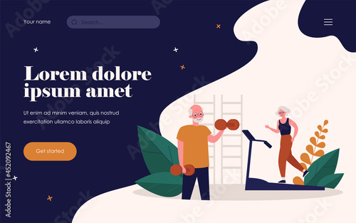 Senior people training in gym. Fitness, dumbbell, sport flat vector illustration. Retirement and health lifestyle concept for banner, website design or landing web page