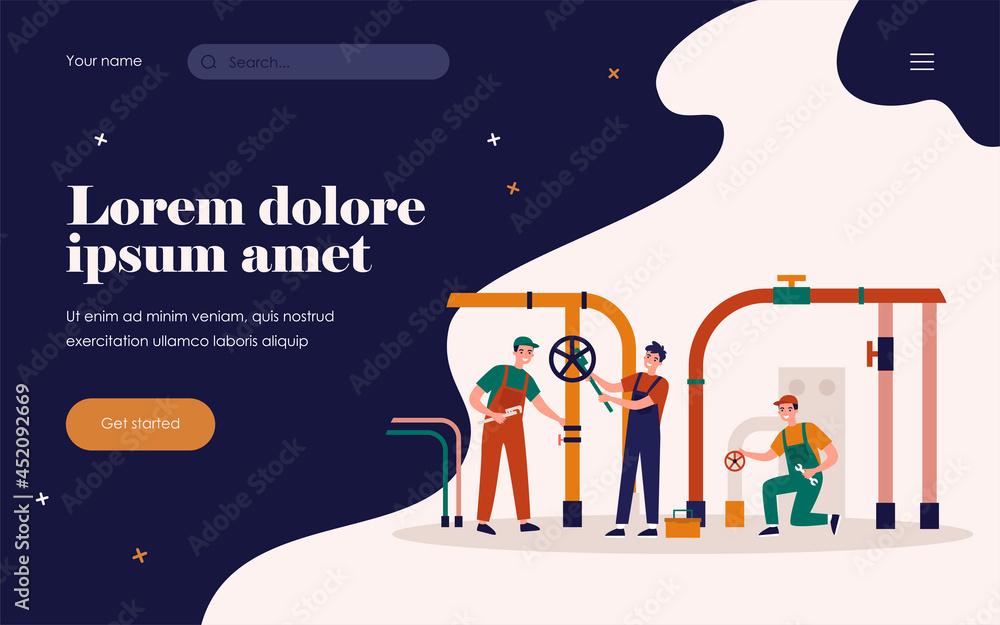 Happy plumbers fixing leakage in boiler room isolated flat vector illustration. Cartoon handymen repairing pipes with tool. Repair service and maintenance concept