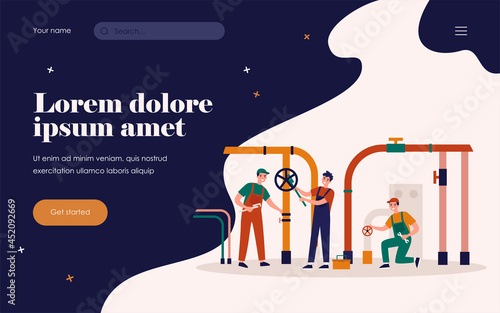 Happy plumbers fixing leakage in boiler room isolated flat vector illustration. Cartoon handymen repairing pipes with tool. Repair service and maintenance concept