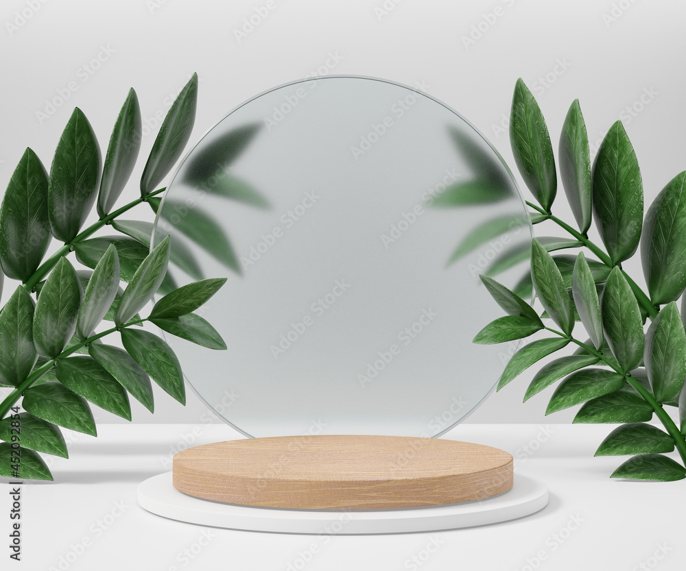 Cosmetic display product stand, Wood white cylinder podium with circle matte glass wall and nature leaf on light background. 3D rendering illustration Cosmetic display product stand, Wood white cylinder podium with circle matte glass wall and nature leaf on light background. 3D rendering illustration