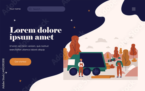 Workers laying pipelines. Man in hardhats and overalls working onsite near truck and pipes flat vector illustration. Engineering, gas transfer concept for banner, website design or landing web page