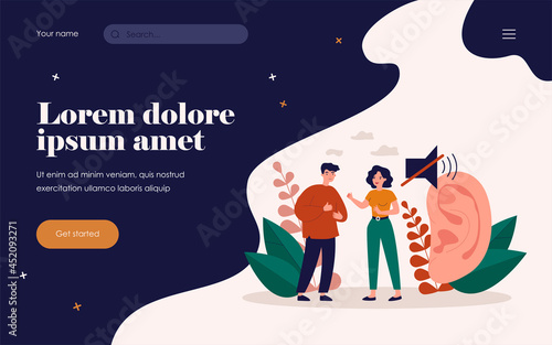 Deaf people talking with gestures flat vector illustration. Cartoon handicapped characters near large ear symbol. Sign language and hearing loss concept