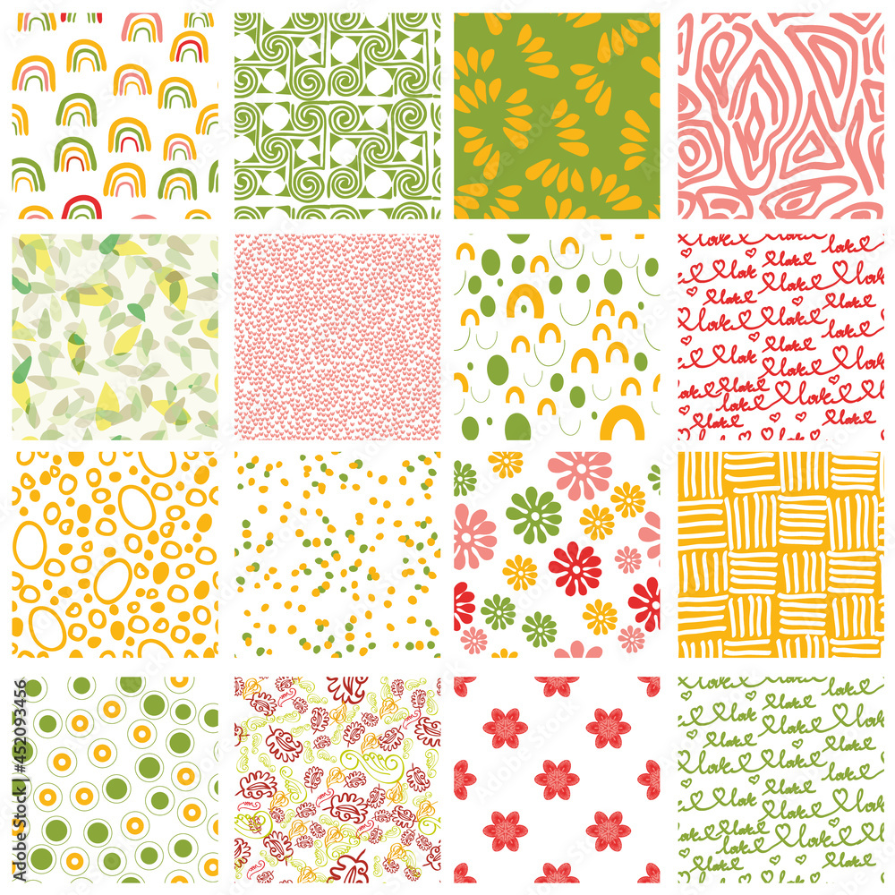 Set of 16 seamless patterns. Vector with skins of wild animals, plants, herbs and flowers, colorful doodle illustrations,