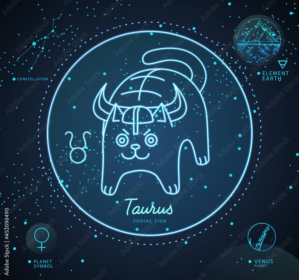 Modern magic witchcraft card with astrology neon Taurus zodiac sign. Cartoon zodiac sign. Funny cat Modern magic witchcraft card with astrology neon Taurus zodiac sign. Cartoon zodiac sign. Funny cat