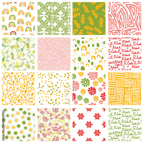 Set of 16 seamless patterns. Vector with skins of wild animals, plants, herbs and flowers, colorful doodle illustrations,