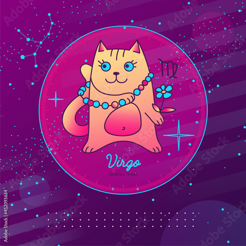 Modern magic witchcraft card with astrology Virgo zodiac sign. Cartoon zodiac sign. Funny cat
