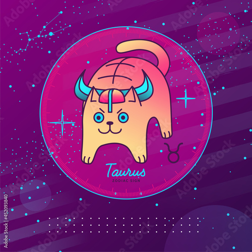 Modern magic witchcraft card with astrology Taurus zodiac sign. Cartoon zodiac sign. Funny cat